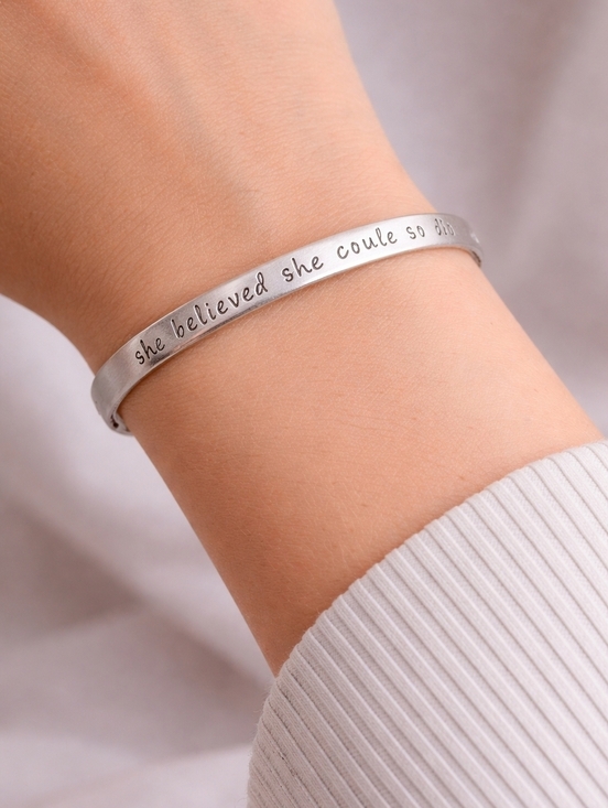 Private Label Jewelry - 5/$25 Metal "She Believed She Could So She Did" Quote Cuff Bracelet